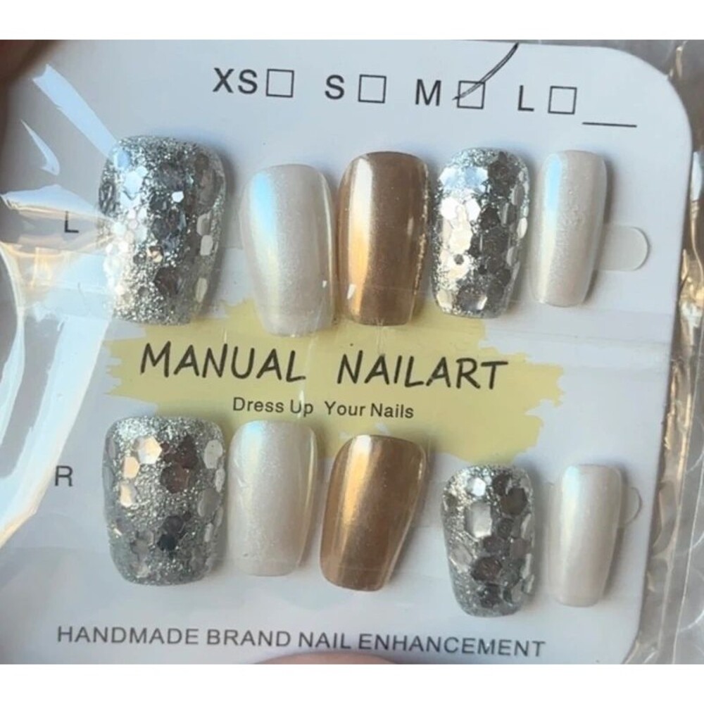 Silver/White/Gold Glitter Short Square Press On Nails Size Medium